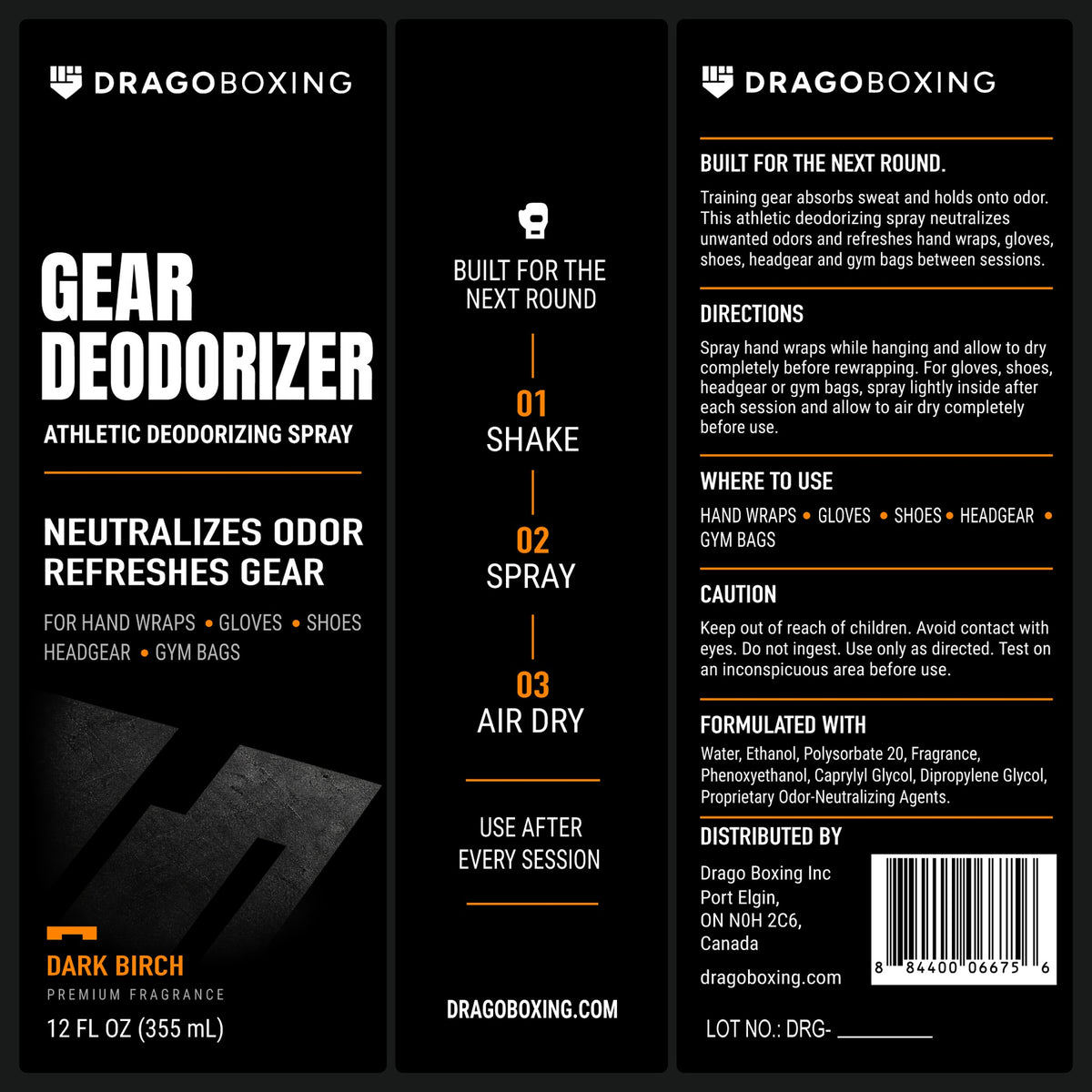 Gear Deodorizer label: shake, spray, air dry; directions, where to use, ingredients