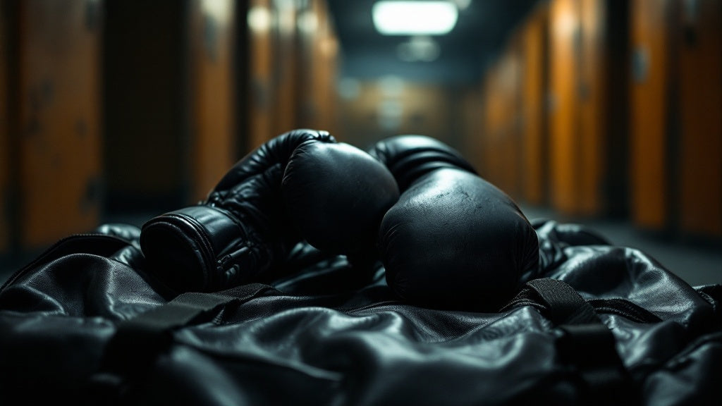 Worn boxing gloves lying on a gym bag in a locker room