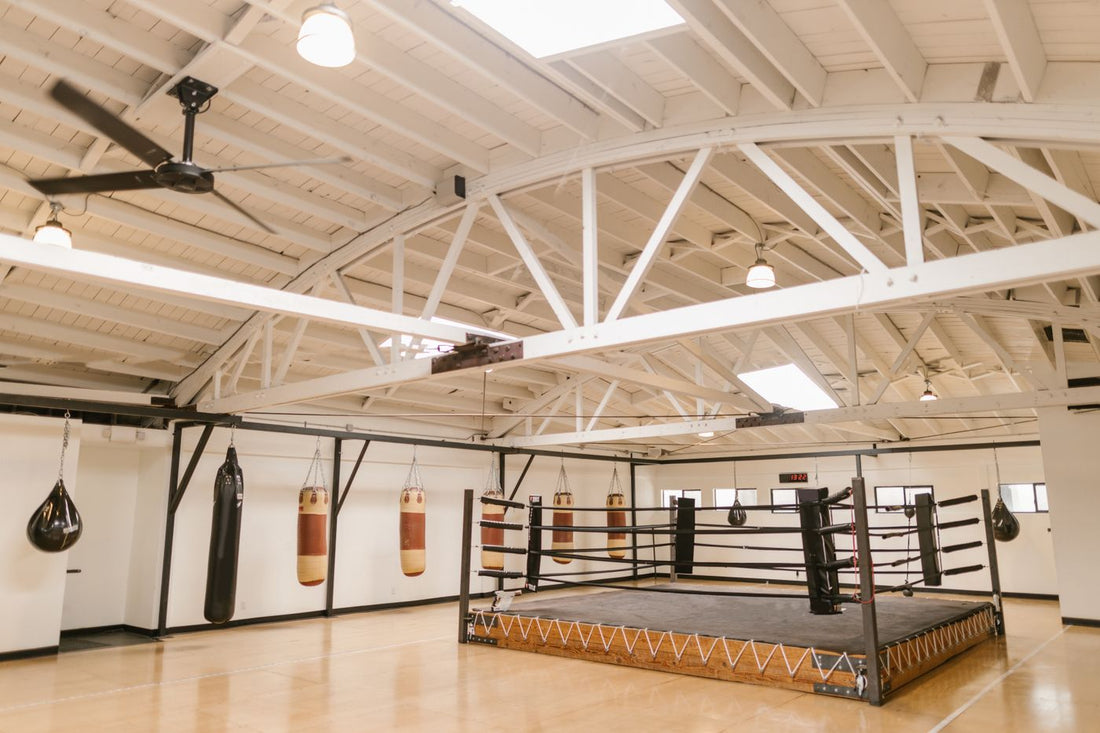 Bright boxing gym with a ring and heavy bags