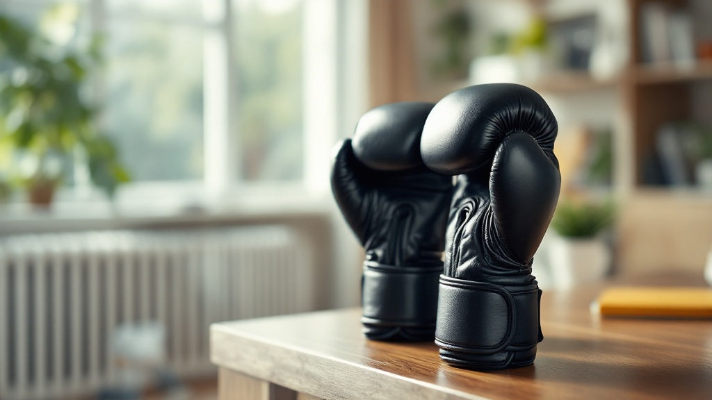 Black boxing gloves standing open to air dry in a bright room