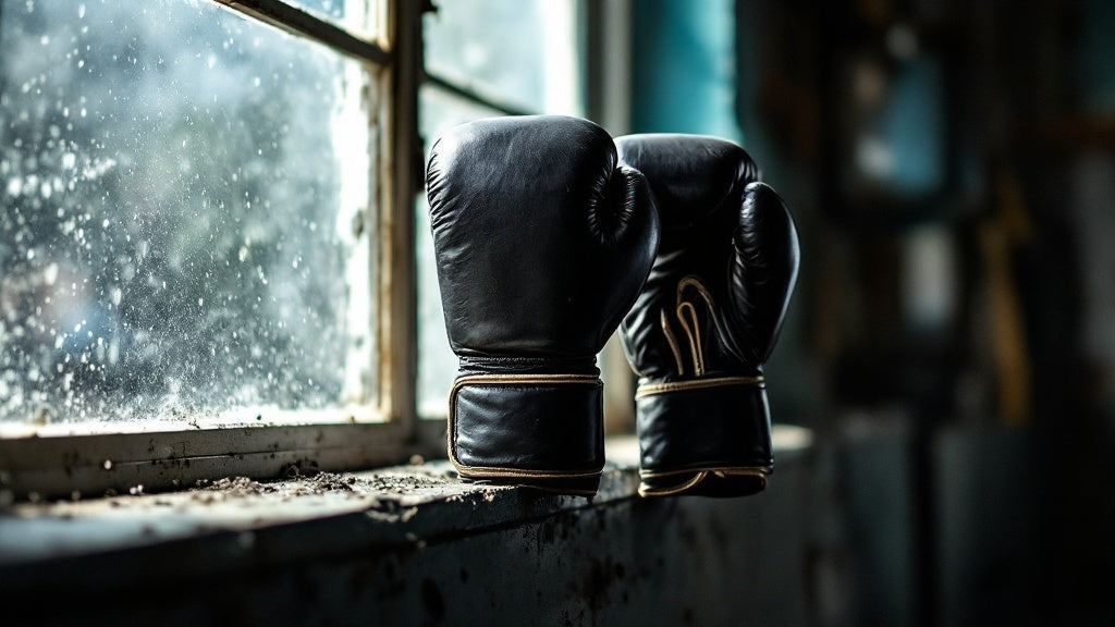 Boxing gloves airing out in sunlight on a gym windowsill