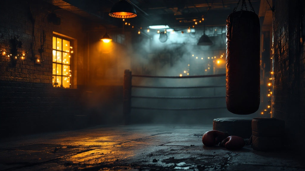 Moody boxing gym at evening with heavy bag, gloves, and warm Christmas string lights