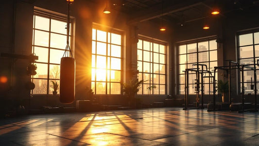 Boxing gym at golden hour with heavy bag and sunlight through tall windows