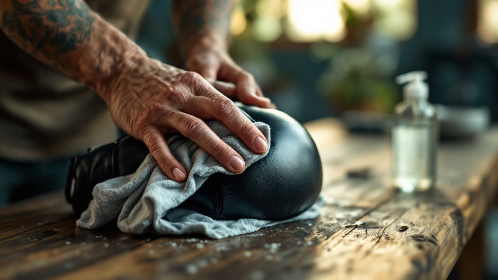 Hands wiping down a black leather boxing glove with a cleaning cloth