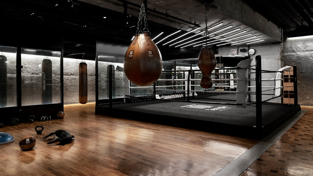 Dark moody boxing gym with heavy bags and ring