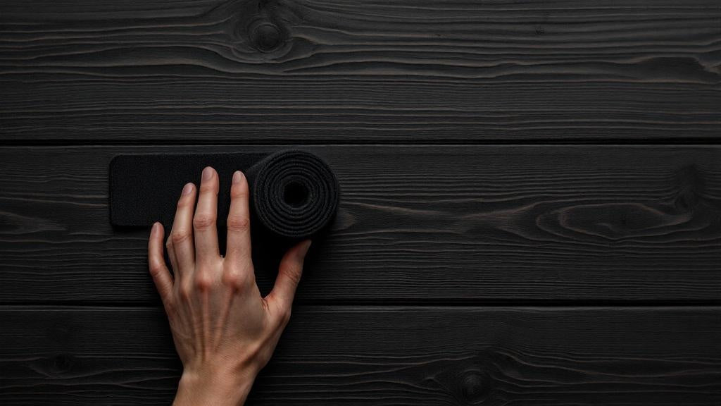 Hand rolling up a black boxing hand wrap on a dark wooden surface