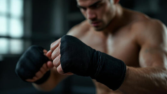 Young fighter in boxing stance wearing black hand wraps with thumb wrapped and tucked