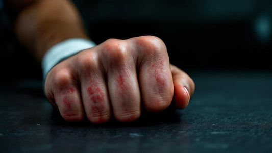 Young fighter hand with bruised and reddened knuckles resting on a dark surface