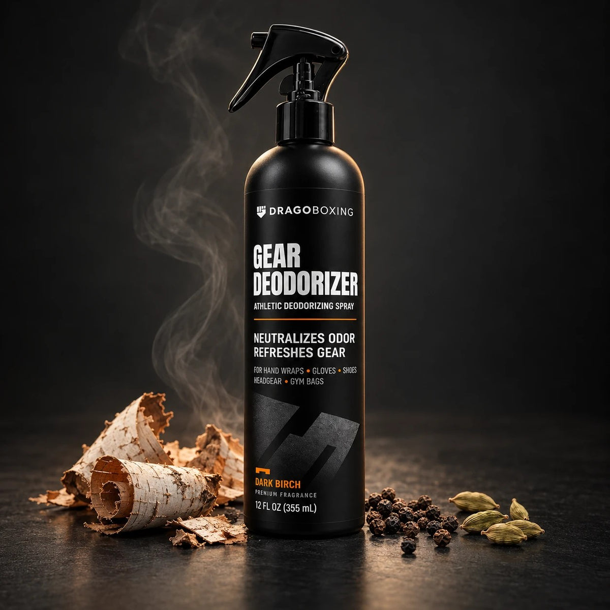 Dark Birch scent: birch bark, black pepper and cardamom beside the Gear Deodorizer bottle