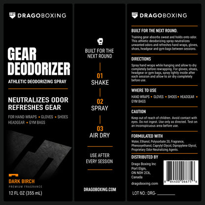 Gear Deodorizer label: shake, spray, air dry; directions, where to use, ingredients