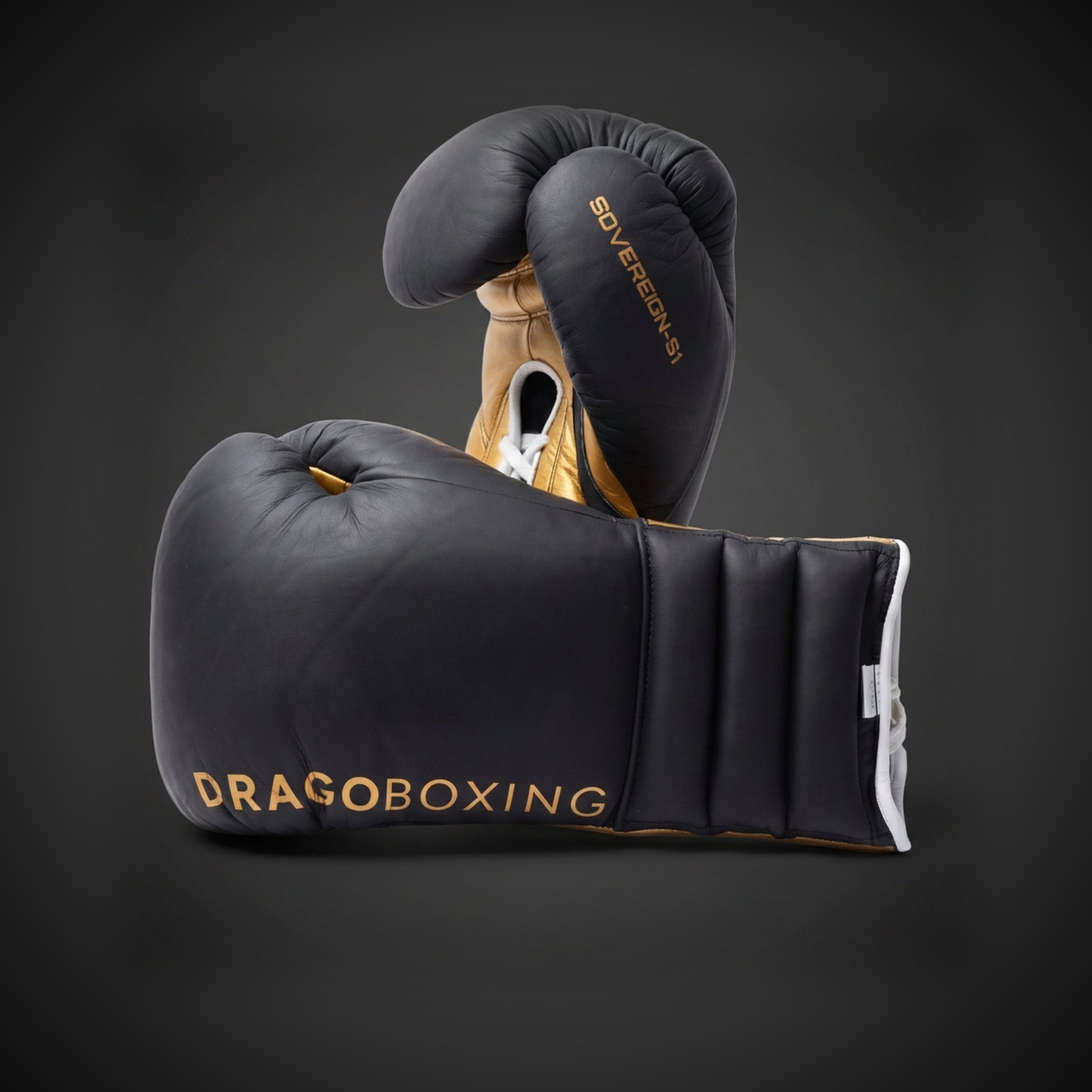 Drago Sovereign S-1 lace-up sparring gloves in black and gold leather