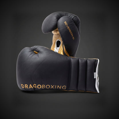 Drago Sovereign S-1 lace-up sparring gloves in black and gold leather