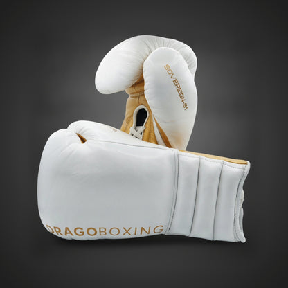 Drago Sovereign S-1 lace-up sparring gloves in white and gold leather
